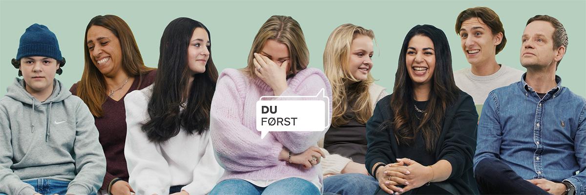 Kollasj av forskjellige deltakere i «Du først»-filmene.