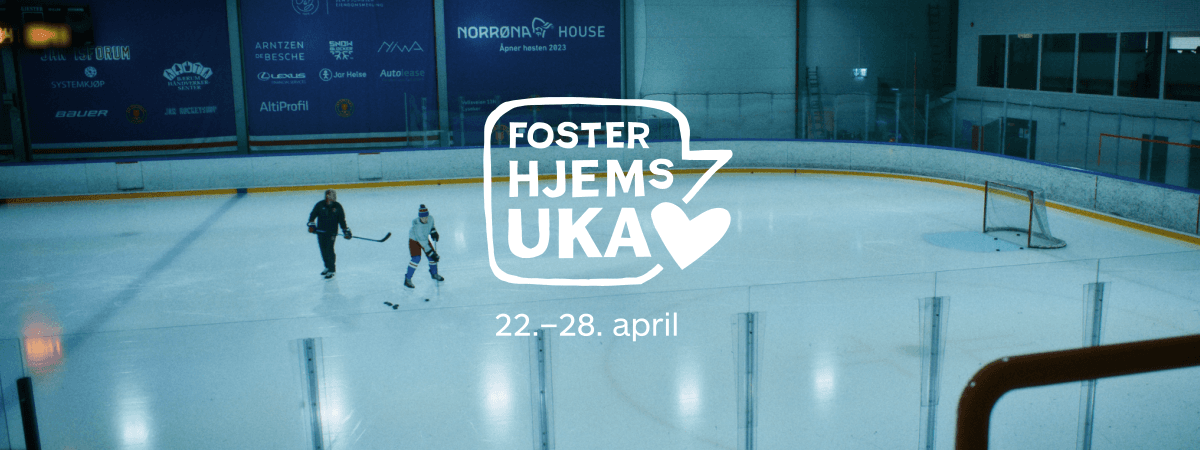 to personer på ishockeybane, logo med tekst fosterhjemsuka og datoer 22. til 28. april. illustrasjonsbilde