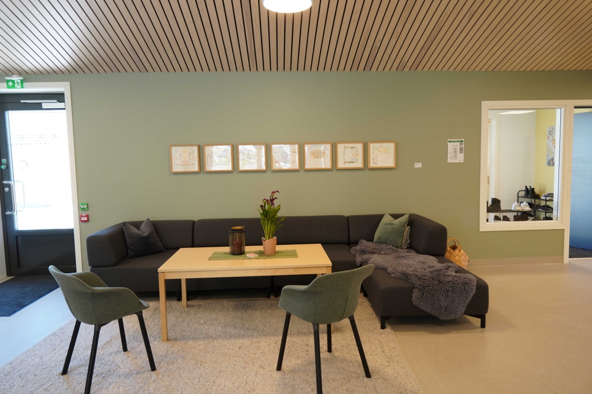 Grønn vegg med grå sofa og to grønne stoler.